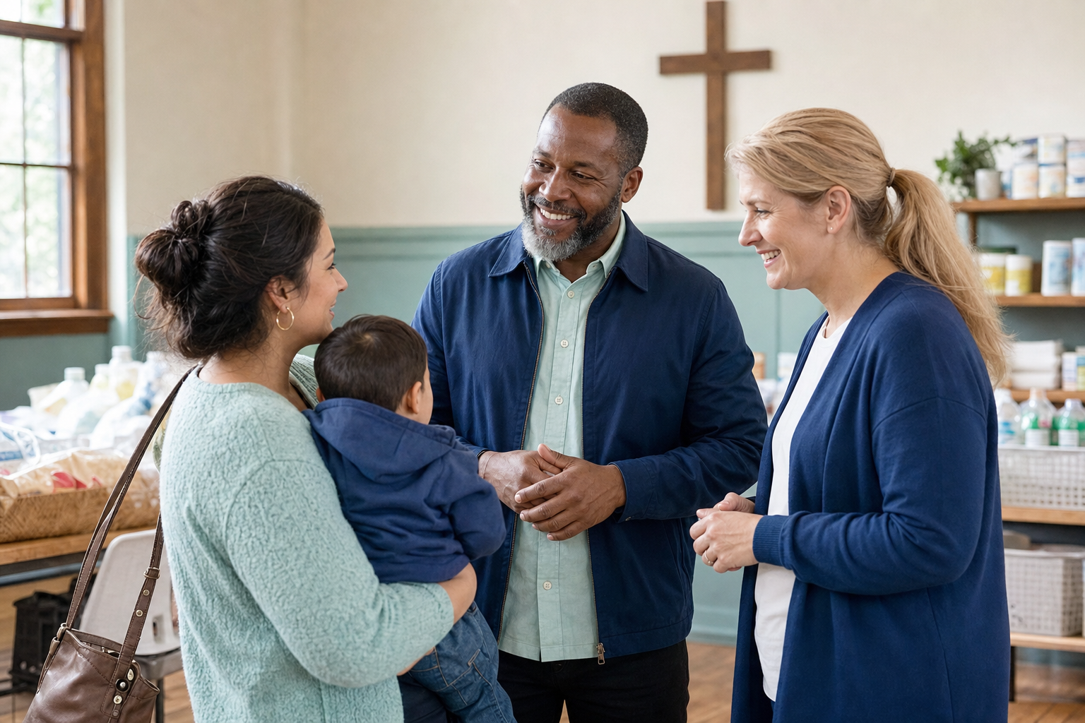 Church outreach volunteers welcoming and listening to a family