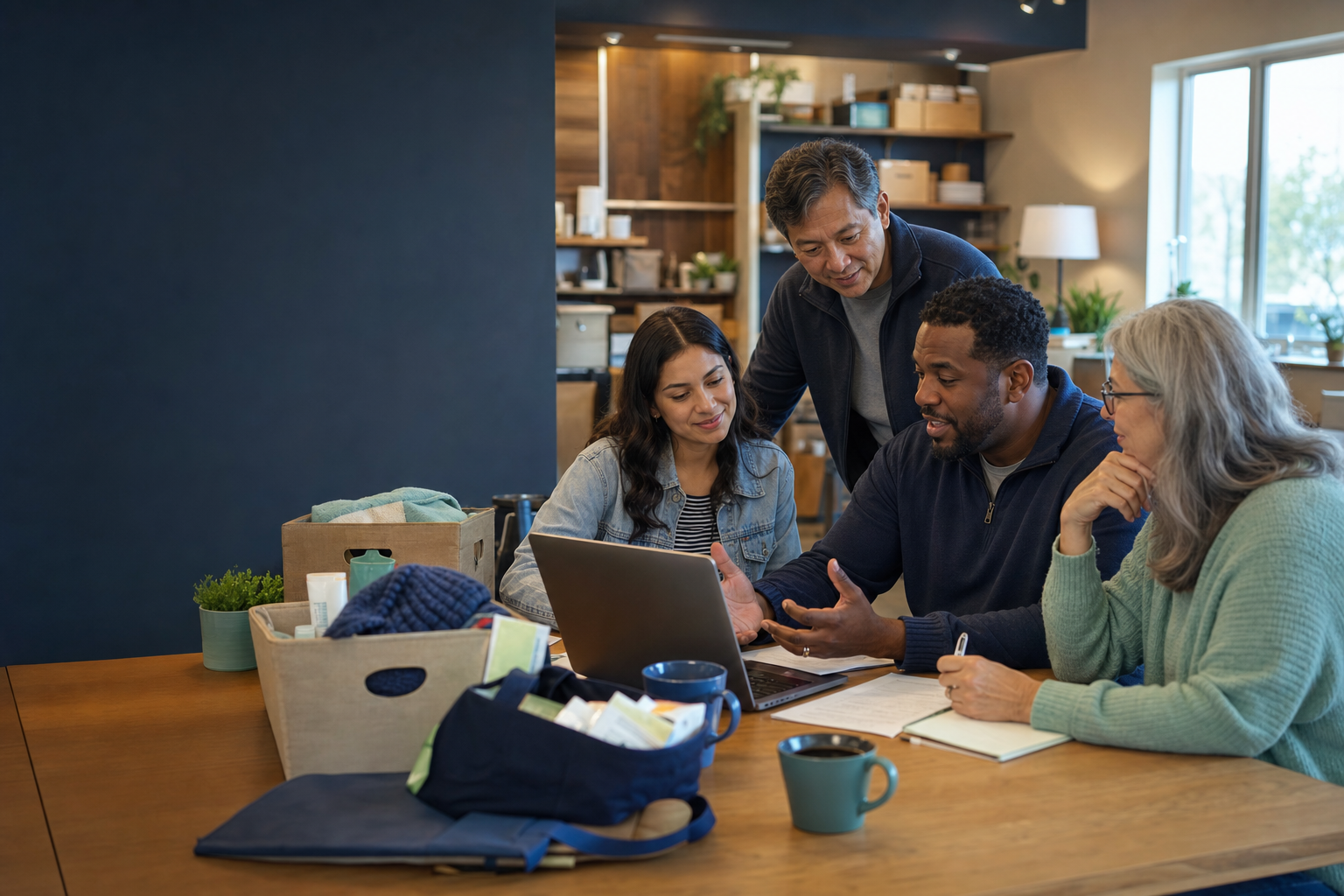 A diverse church outreach team reviewing a care plan together