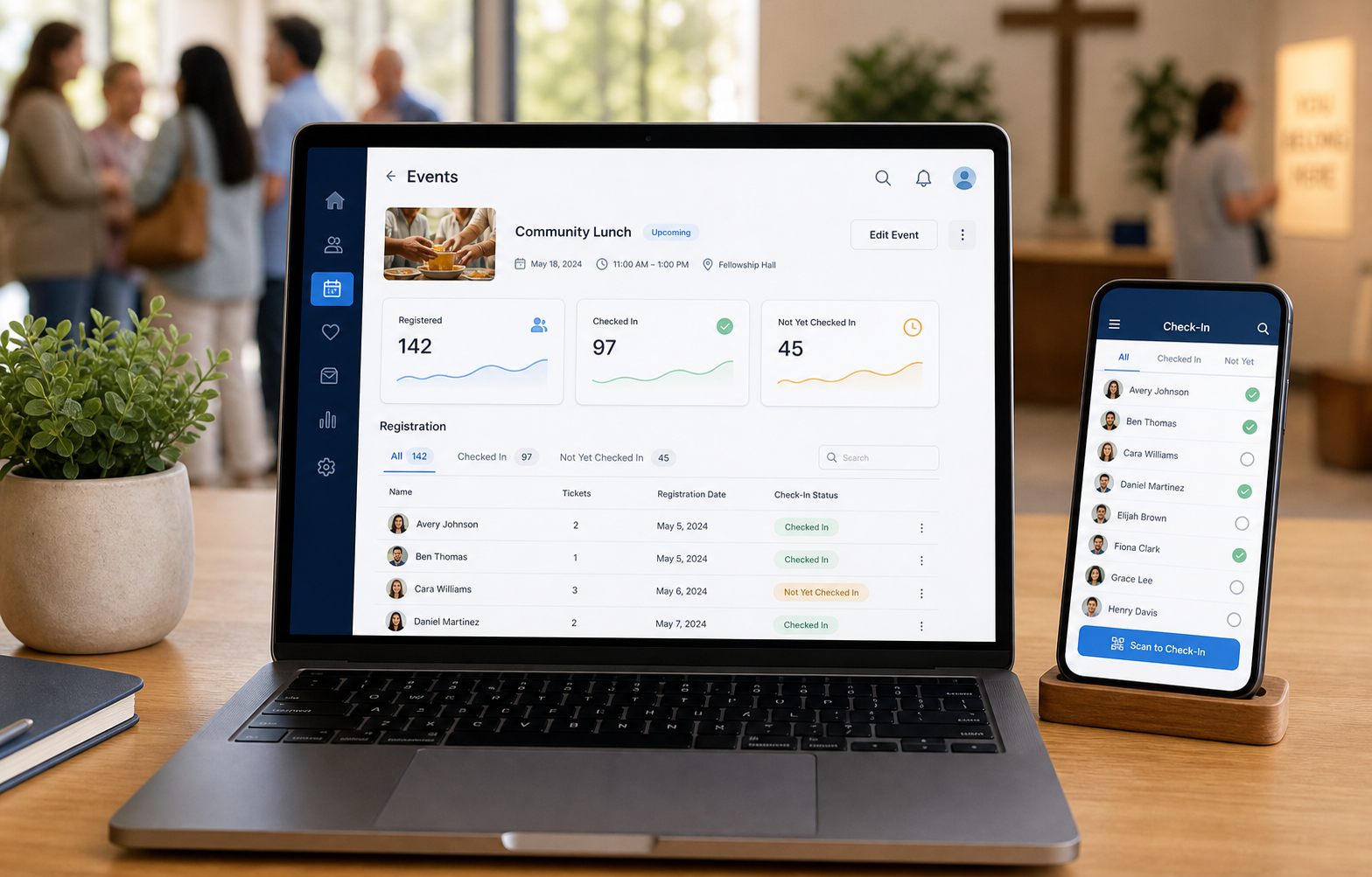 Event management dashboard and mobile attendee check-in list